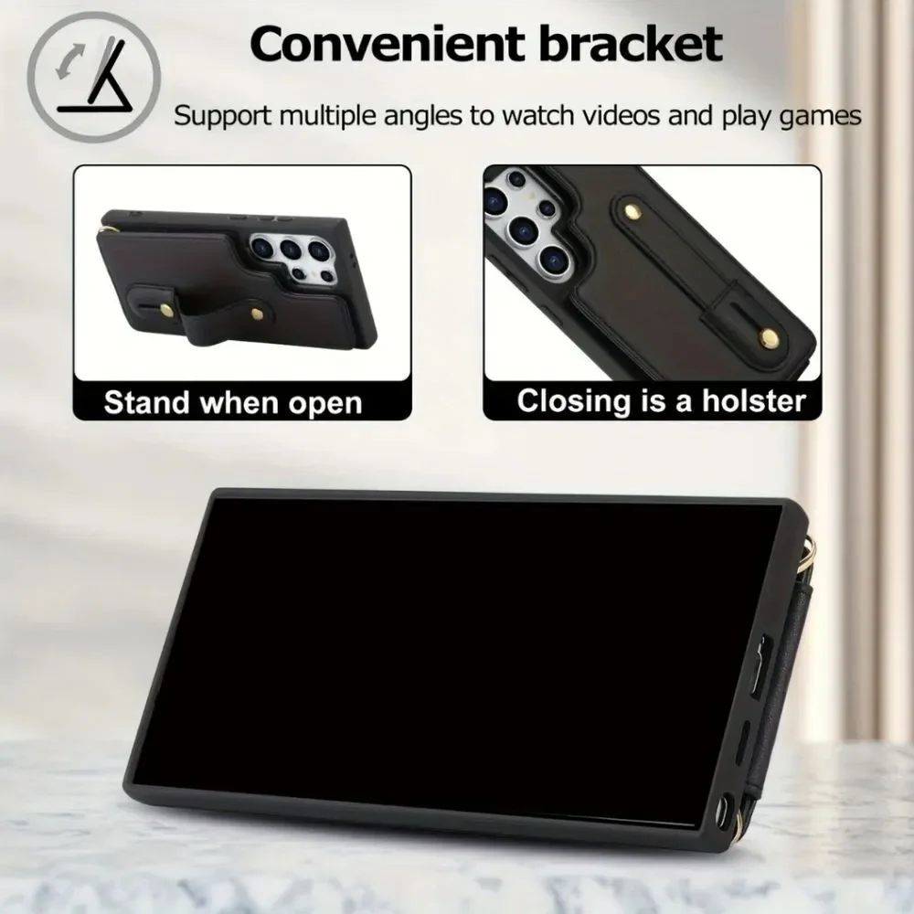 SAMSUNG GALAXY Black Phone Case Wallet Credit Card, Holder Wrist & Lanyard
